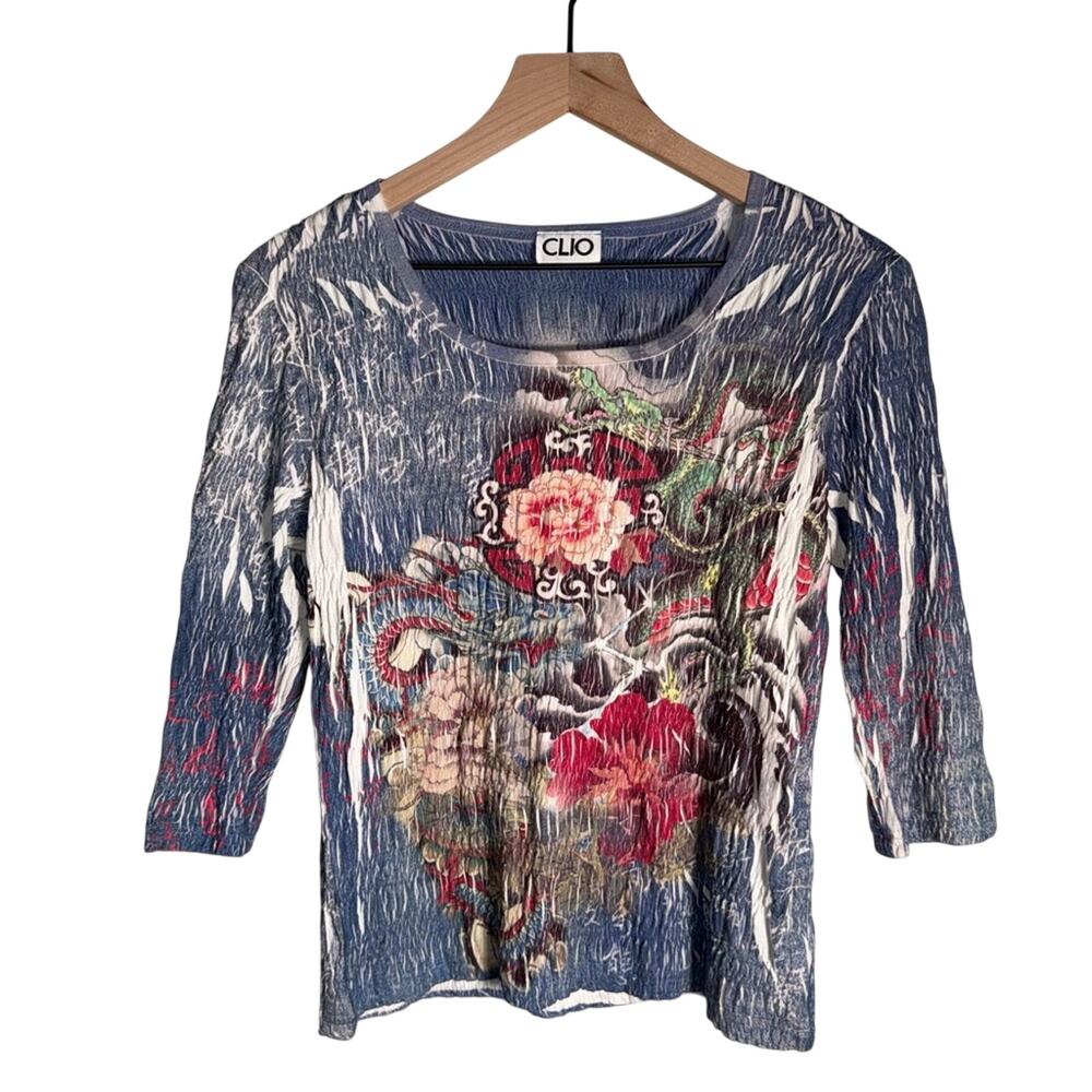 VINTAGE CLIO 90s Y2K ruched Japanese floral indie sleeve rocker stretch blouse L
